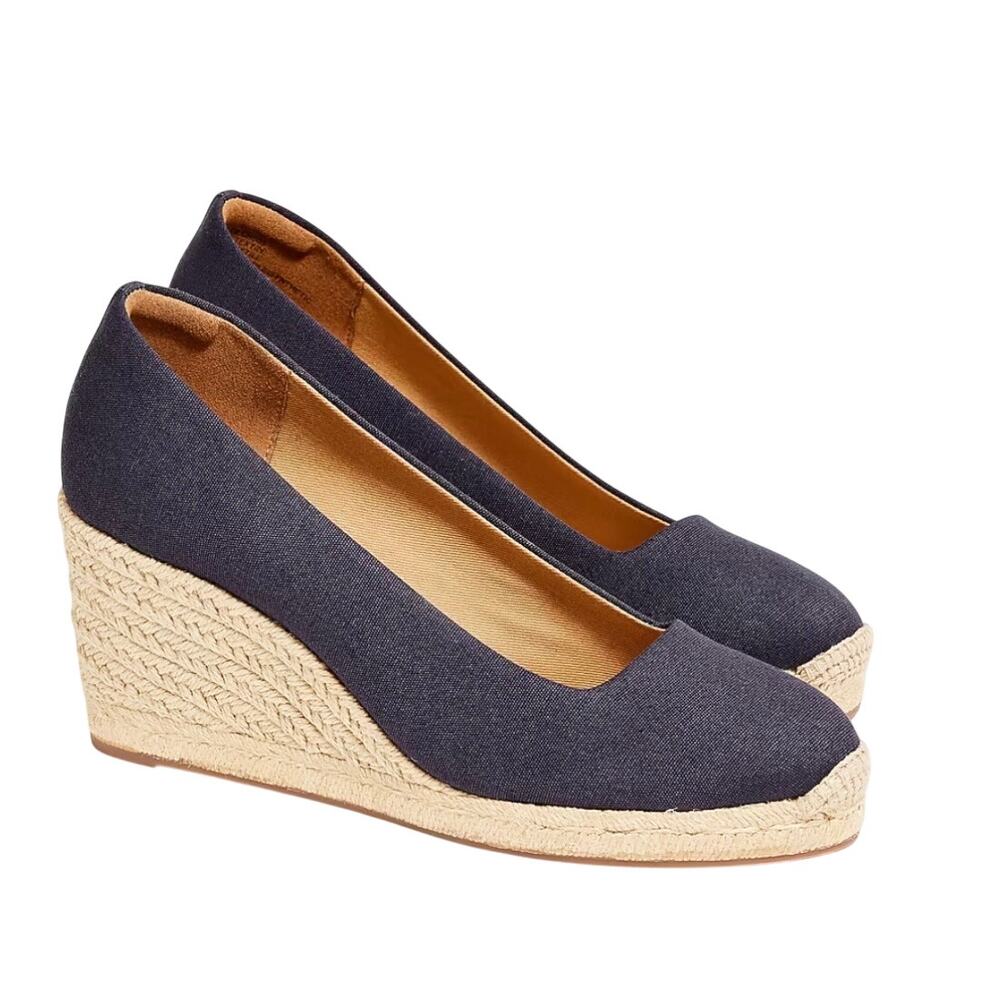 j. crew canvas espadrille wedge heel shoes in navy blue women's size 7.5
